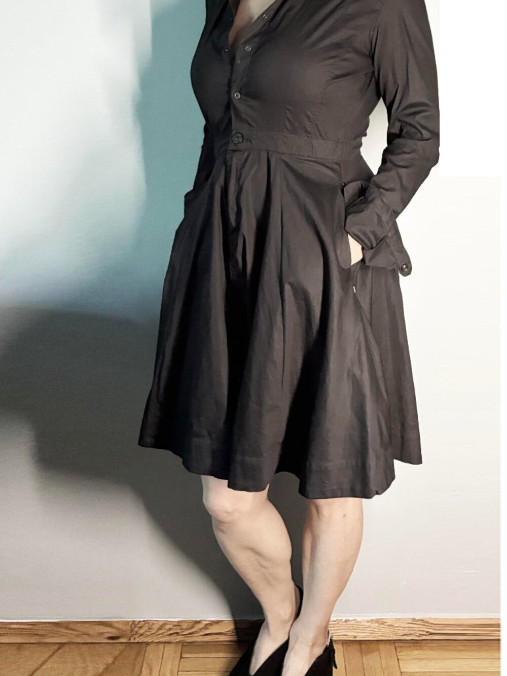 G-Star black button down dress with pleated skirt and front pockets